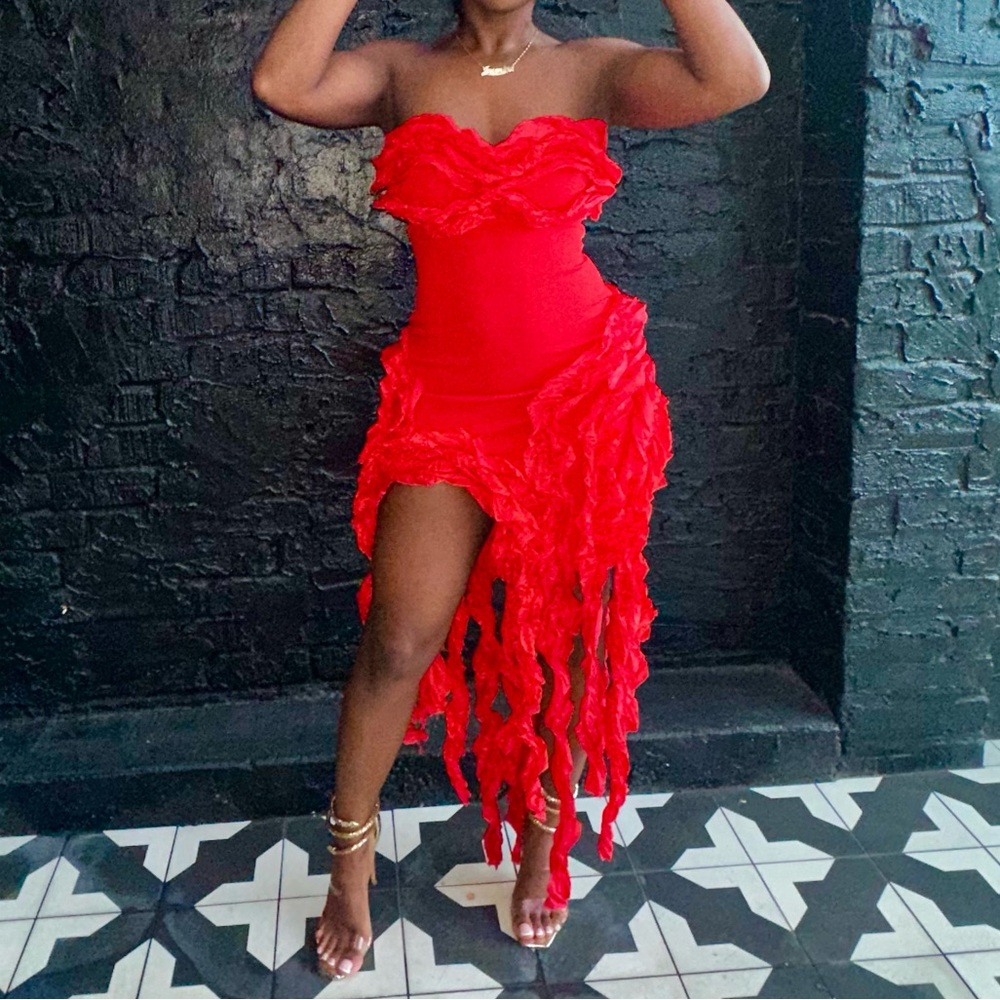 Red Ruffle Slit Tube Dress perfect for Birthday or Valentines date night